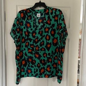 CAbi Vibrant Green and Orange Animal Print Blouse